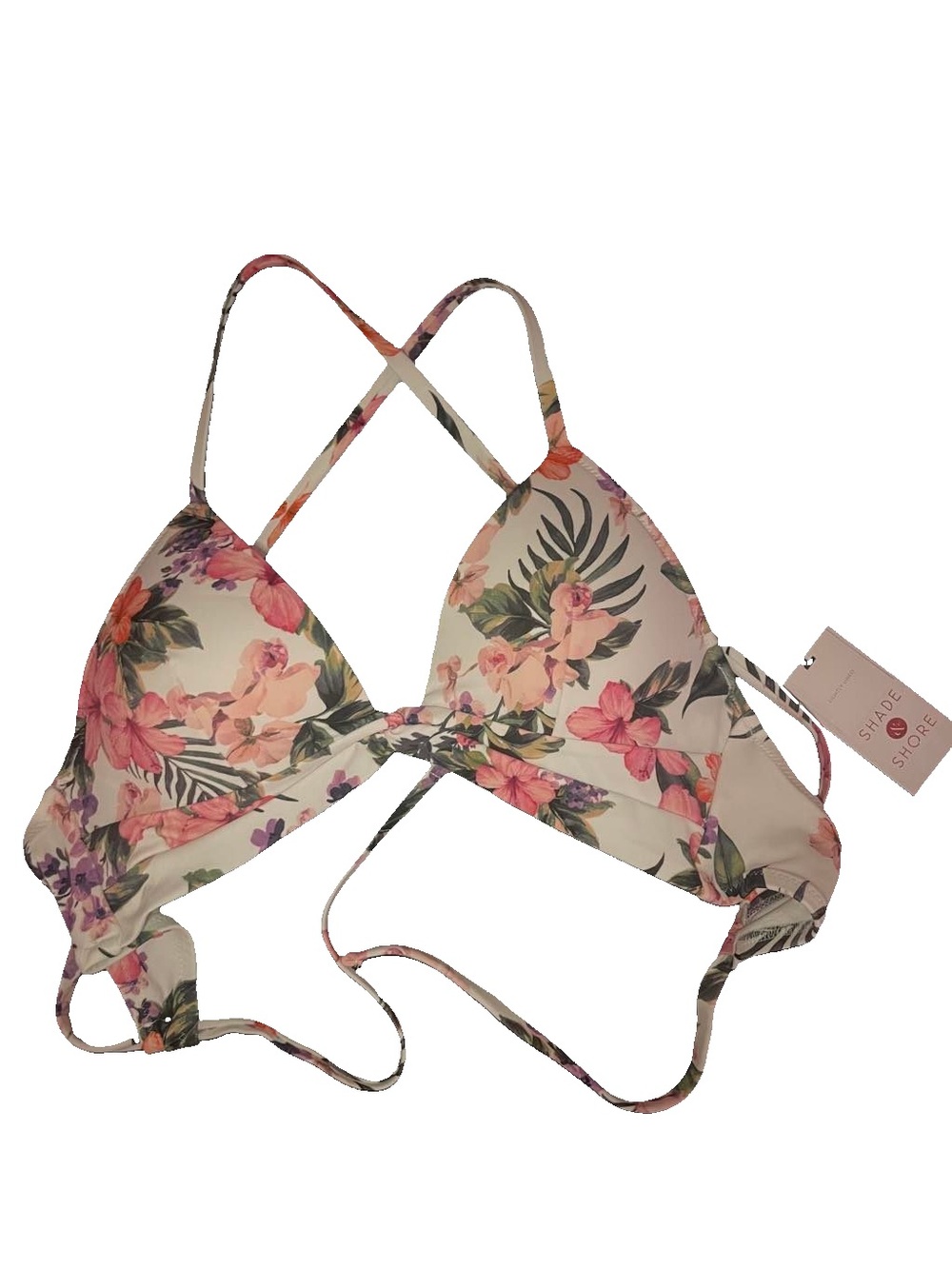 💫NWT🔖 Shade & Shore White w Floral Pattern Adjustable Cross-Back Bikini Top